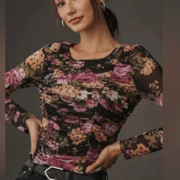 Maeve Long-Sleeve Sheer Ruched Black & Pink 🌸Floral Top in Large - Picture 1 of 7